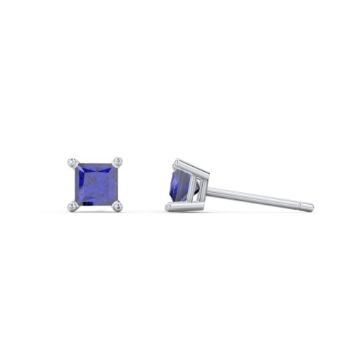 Princess Cut Stud Earrings – Sterling Silver with Blue Sapphire