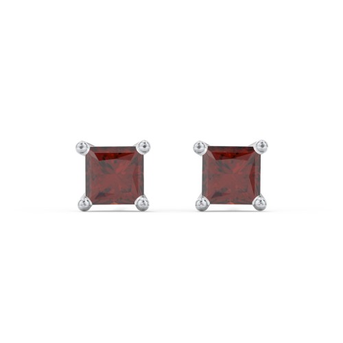 Princess Cut Stud Earrings – Sterling Silver with Garnet