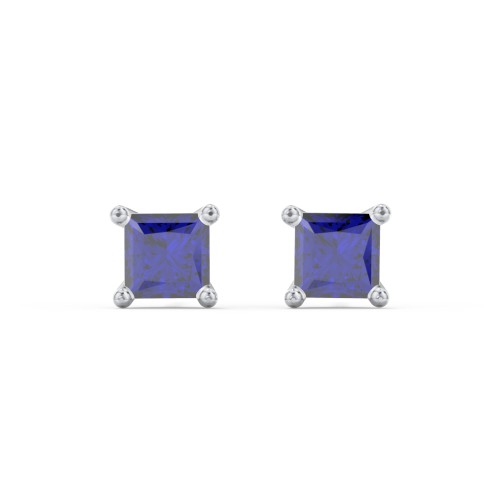Princess Cut Stud Earrings – Sterling Silver with Blue Sapphire