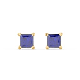 Princess Cut Stud Earrings in 10K Solid Yellow Gold with Blue Sapphire