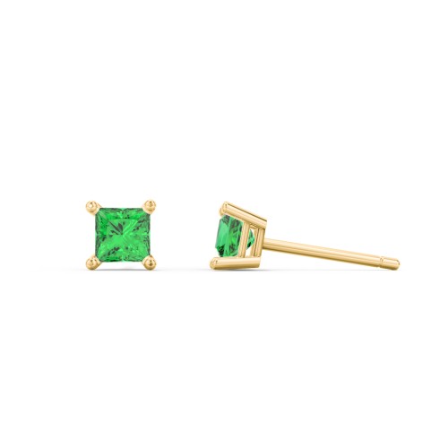 Princess Cut Stud Earrings – 10K Yellow Gold with Emerald