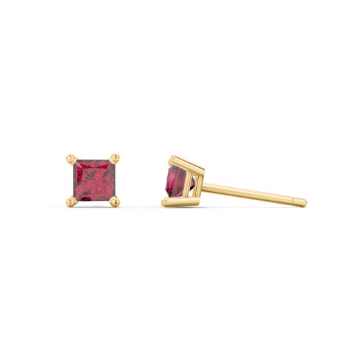 Princess Cut Stud Earrings – 10K Yellow Gold with Ruby
