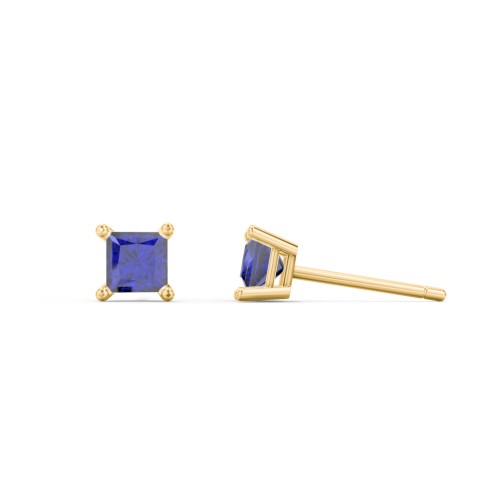 Princess Cut Stud Earrings – 10K Yellow Gold with Blue Sapphire