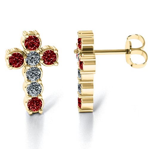 "I Believe" Cross Earrings – 10K Yellow Gold with Garnet and Cubic Zirconia