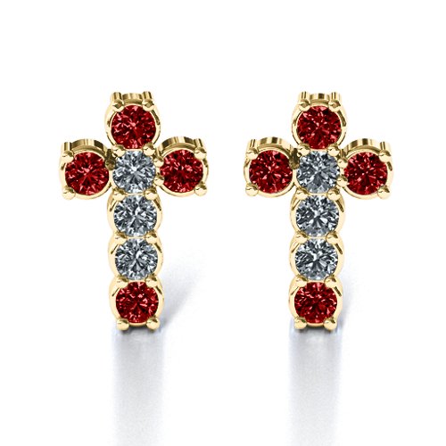 "I Believe" Cross Earrings – 10K Yellow Gold with Garnet and Cubic Zirconia