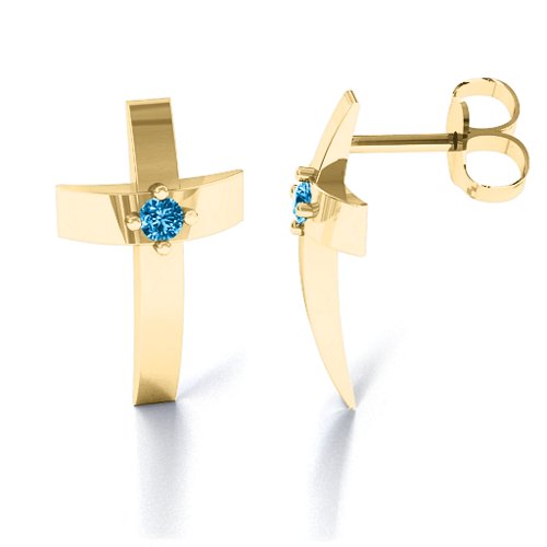 Classic Cross Earrings With Gemstone – 10K Yellow Gold with Blue Topaz