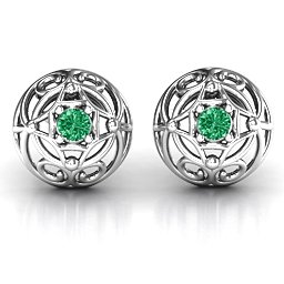 Elegant Filigree Dome Earrings in 925 Sterling Silver with Emerald
