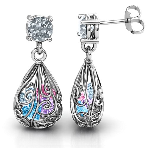 Elegant Drop Caged Earrings – Sterling Silver with Cubic Zirconia, Blue Topaz, Amethyst, Aquamarine, and Pink Tourmaline