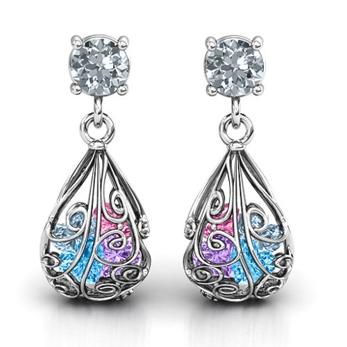 Elegant Drop Caged Earrings – Sterling Silver with Cubic Zirconia, Blue Topaz, Amethyst, Aquamarine, and Pink Tourmaline