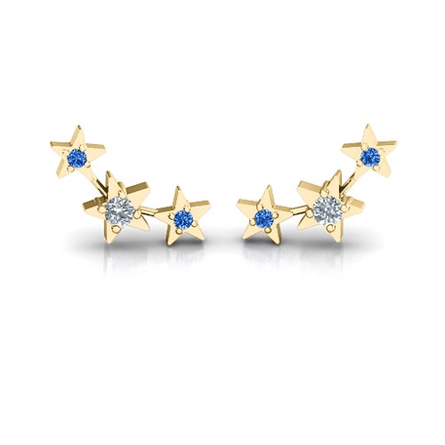 Twinkle Little Stars Earrings – 10K Yellow Gold with Cubic Zirconia and Fancy Blue Premium Zirconia