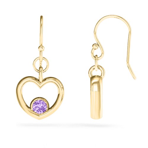 Dangling Heart Gemstone Earrings – 14K Yellow Gold with Amethyst