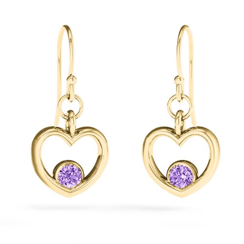Dangling Heart Gemstone Earrings – 14K Yellow Gold with Amethyst