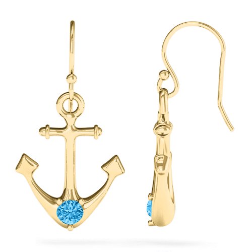 Gemstone Anchor Earrings – 14K Yellow Gold with Blue Topaz