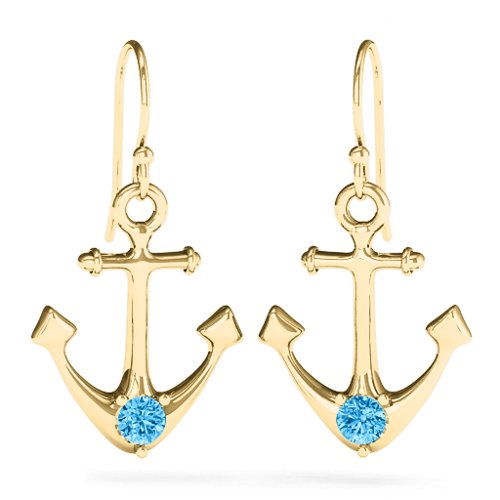 Gemstone Anchor Earrings – 14K Yellow Gold with Blue Topaz