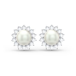Freshwater Pearl Flower Halo Stud Earrings in 925 Sterling Silver with White Premium Zirconia and Freshwater Pearl