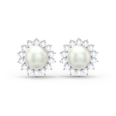 Freshwater Pearl Flower Halo Stud Earrings – 10K Yellow Gold with White Premium Zirconia and Freshwater Pearl