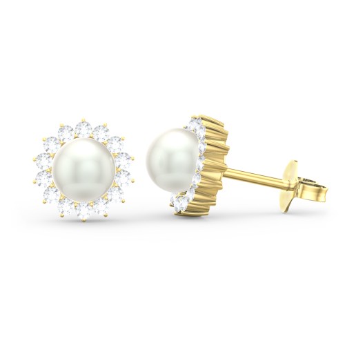 Freshwater Pearl Flower Halo Stud Earrings – 10K Yellow Gold with White Premium Zirconia and Freshwater Pearl