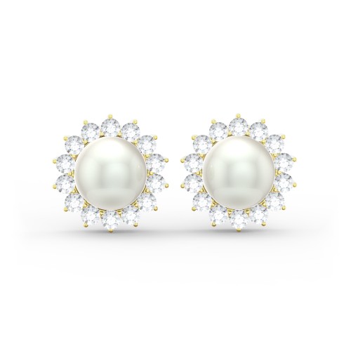Freshwater Pearl Flower Halo Stud Earrings – 10K Yellow Gold with White Premium Zirconia and Freshwater Pearl