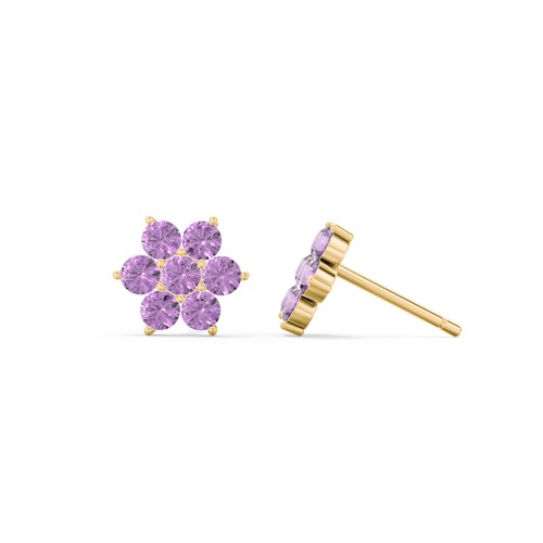 Flower Stud Earrings with Gemstones – 10K Yellow Gold with Amethyst