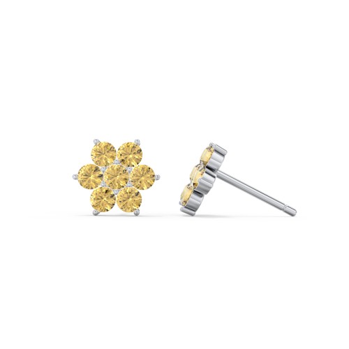 Flower Stud Earrings with Gemstones – Sterling Silver with Citrine