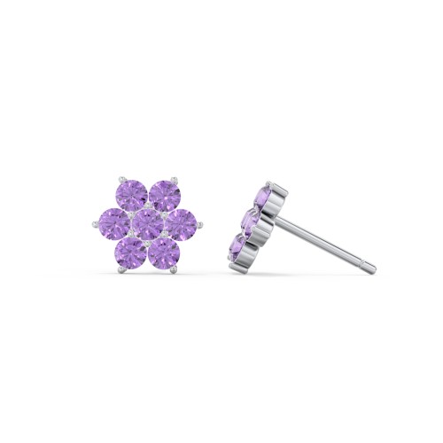 Flower Stud Earrings with Gemstones – Sterling Silver with Amethyst