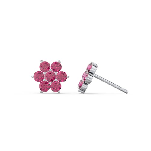 Flower Stud Earrings with Gemstones – Sterling Silver with Ruby