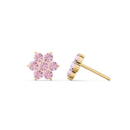 Flower Stud Earrings with Gemstones in 10K Solid Yellow Gold with Pink Tourmaline