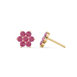 Flower Stud Earrings with Gemstones in 10K Solid Yellow Gold with Ruby
