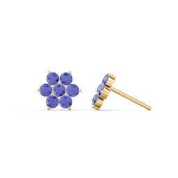 Flower Stud Earrings with Gemstones in 10K Solid Yellow Gold with Blue Sapphire