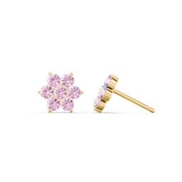 Flower Stud Earrings with Gemstones in 10K Solid Yellow Gold with Pink Tourmaline
