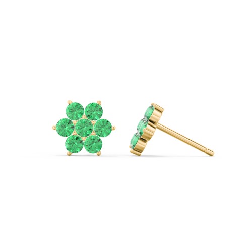 Flower Stud Earrings with Gemstones – 10K Yellow Gold with Emerald