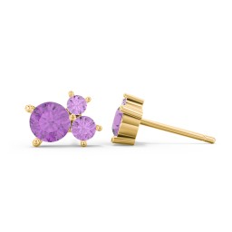 3-Stone Cluster Stud Earrings in 10K Solid Yellow Gold with Amethyst