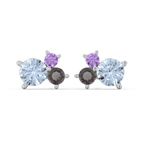 3-Stone Cluster Stud Earrings – Sterling Silver with Aquamarine, Smokey Quartz, and Amethyst