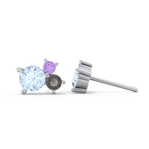 3-Stone Cluster Stud Earrings – Sterling Silver with Aquamarine, Smokey Quartz, and Amethyst