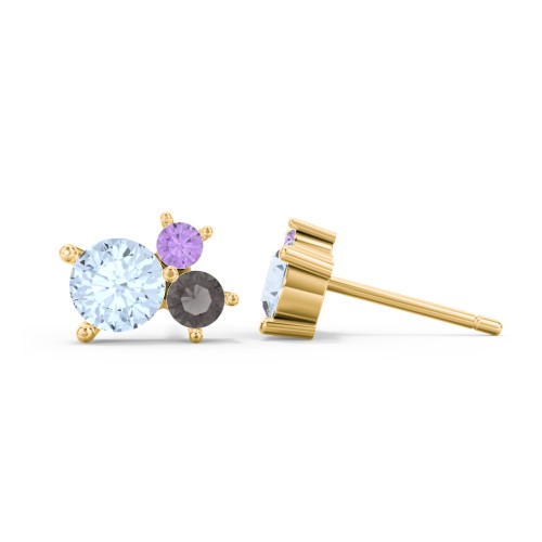 3-Stone Cluster Stud Earrings – 10K Yellow Gold with Aquamarine, Smokey Quartz, and Amethyst