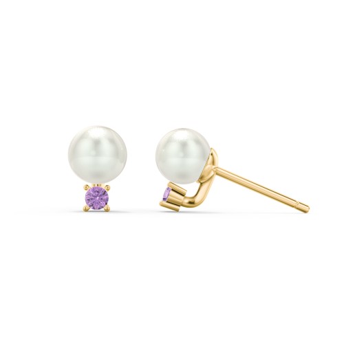 Freshwater Pearl and Accent Stud Earrings – 10K Yellow Gold with Amethyst and Freshwater Pearl