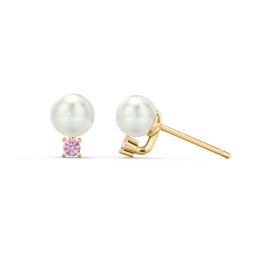 Freshwater Pearl and Accent Stud Earrings in 10K Solid Yellow Gold with Pink Tourmaline and Freshwater Pearl