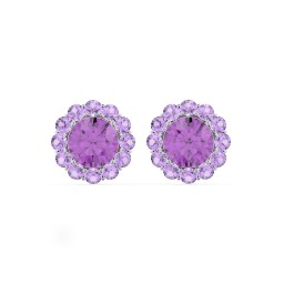 Halo Round Stud Earrings in 925 Sterling Silver with Amethyst and Amethyst Premium Zirconia