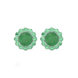 Halo Round Stud Earrings in 925 Sterling Silver with Emerald and Green Premium Zirconia