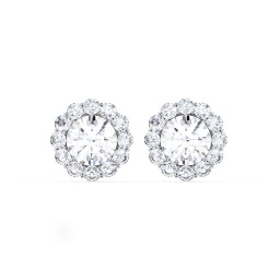 Halo Round Stud Earrings in 925 Sterling Silver with Cubic Zirconia and White Premium Zirconia