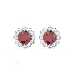 Halo Round Stud Earrings in 925 Sterling Silver with Garnet and White Premium Zirconia