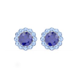 Halo Round Stud Earrings in 925 Sterling Silver with Blue Sapphire and Fancy Blue Premium Zirconia