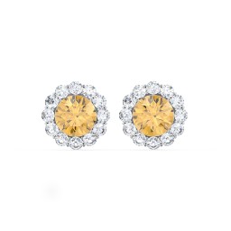 Halo Round Stud Earrings in 925 Sterling Silver with Citrine and White Premium Zirconia