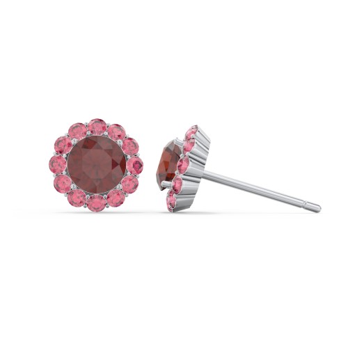 Halo Round Stud Earrings – Sterling Silver with Garnet and Red Premium Zirconia