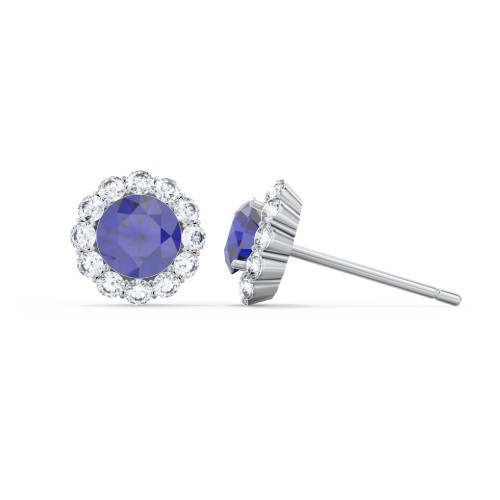 Halo Round Stud Earrings – Sterling Silver with Blue Sapphire and White Premium Zirconia