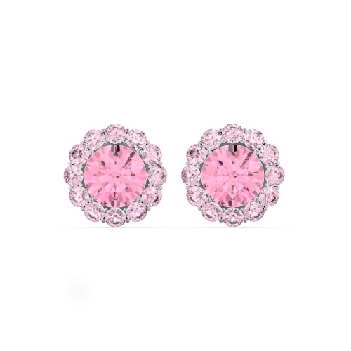 Halo Round Stud Earrings – Sterling Silver with Pink Tourmaline and Fancy Pink Premium Zirconia