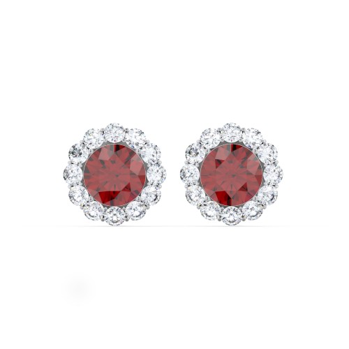 Halo Round Stud Earrings – Sterling Silver with Garnet and White Premium Zirconia