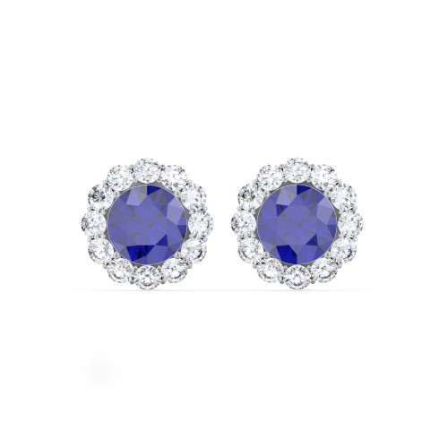 Halo Round Stud Earrings – Sterling Silver with Blue Sapphire and White Premium Zirconia