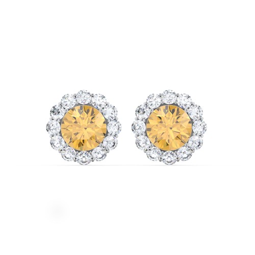 Halo Round Stud Earrings – Sterling Silver with Citrine and White Premium Zirconia