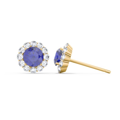 Halo Round Stud Earrings – 10K Yellow Gold with Blue Sapphire and White Premium Zirconia
